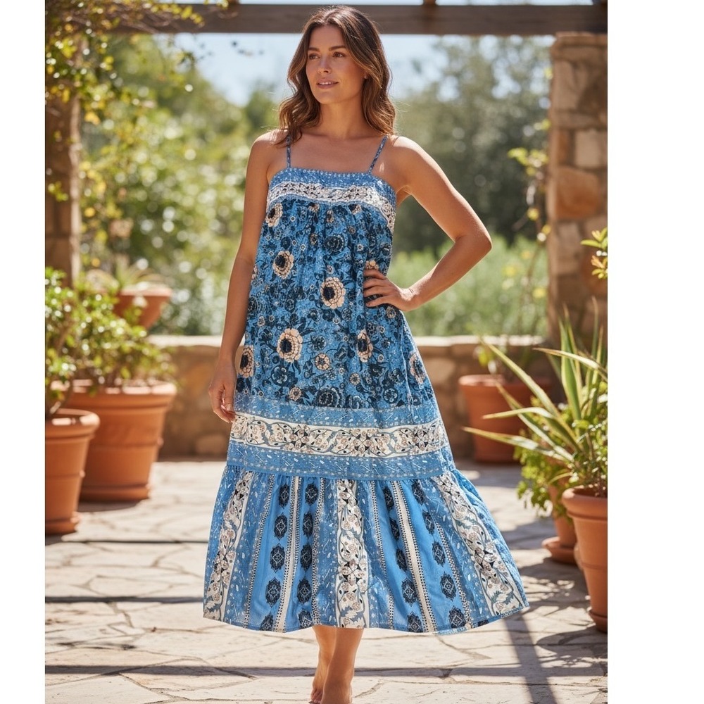 Cupshe Blue Floral Patchwork Maxi Dress Cottagecore Boho Coastal Sundress Beach